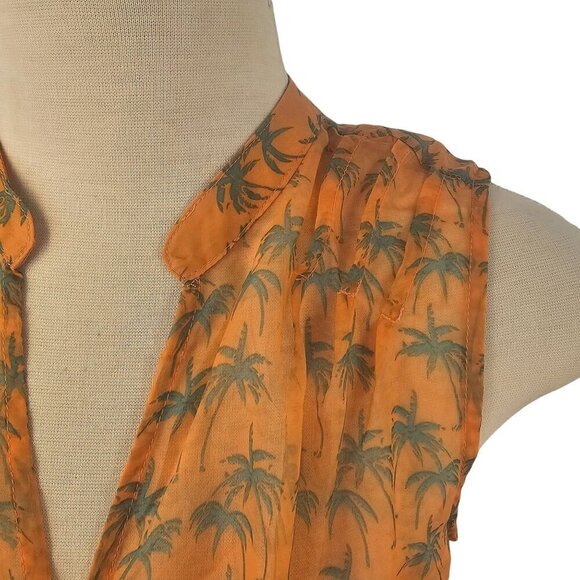 Bar III Sheer Peach Sleeveless Top Women M Btn Loop Close Green Palm Trees NEW - Picture 3 of 9
